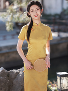 黄色提花缎旗袍2023年夏季新中式国风高端气质年轻款少女连衣裙