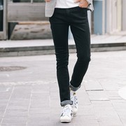 韩国复古黑色小脚紧身弹力牛仔裤，男中腰修身显瘦牛仔长裤明星同款