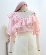 粉色荷叶边露肩上衣2023夏季女装少女风法式仙气吊带洋气条纹衬衫
