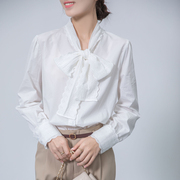 法式蝴蝶结系带衬衫长袖，上衣女春装，设计感小众纯棉白色衬衣