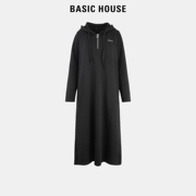 Basic House/百家好黑色针织长袖连衣裙女2024春款小众卫衣裙