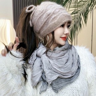松鼠绒抽绳时尚针织包头帽韩版女士百搭秋冬编织堆堆帽保暖ol冬季