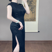 新中式改良旗袍复古连衣裙黑色开叉修身显瘦显白老上海风复古长裙