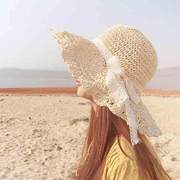 女式带沿今年夏季流行的帽子日式草帽花朵花边，太阳帽渔夫帽波浪边