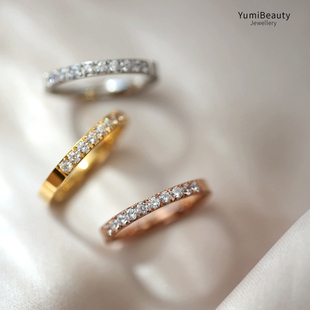 纯粹优雅~韩版钛钢镀18k玫瑰，金微镶半圈满钻戒指男女结婚对戒指环