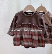 日本女童宝宝儿童春秋冬季格子拼接圆领套头绒衫 上衣 假2件