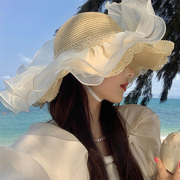 蕾丝大帽檐草帽女夏季海边沙滩，遮阳防晒帽草编遮全脸防紫外线帽子