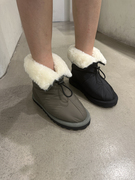 韩国足求2023冬季平底加绒翻边雪地靴子设计感保暖抽绳短靴女