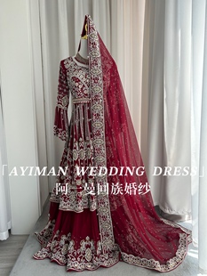 阿一曼回族婚纱礼服喇叭袖V领显瘦穆斯林出门服拍照红色珍珠