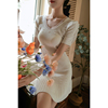 地球店白色立体花朵刺绣短袖针织蕾丝圆领连衣裙女2023年