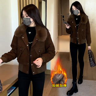 韩国加绒加厚牛仔短外套女2023冬季显瘦小个子毛领派克棉服潮