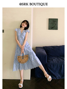 srk法式蓝色桔梗绣花裙，气质优雅小众收腰显瘦中长款裙女夏季