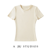 skims短袖女小众设计感螺纹纯棉T恤性感修身圆领纯色卡戴珊同款T
