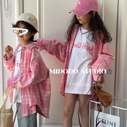 韩国童装男女童长袖，休闲t恤衬衫两件套2024春秋季格子翻领开衫潮