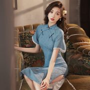 名媛风夏季新式蓝色旗袍裙短款蚀骨改良少女年轻款高端气质日常