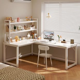 奶油风转角电脑桌学生，家用书桌学习桌书架一体，l型台式拐角办公桌