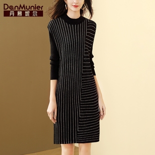 丹慕妮尔黑色羊毛针织，连衣裙女春秋休闲气质，长袖包臀裙子