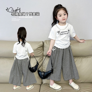 女童短袖t恤套装夏装2024韩版时髦儿童，抽绳夏季上衣阔腿裤子