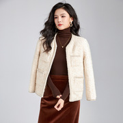 HONB红贝缇高品质钉珠95%白鹅绒羊毛编织粗花呢小香风外套法式瘦