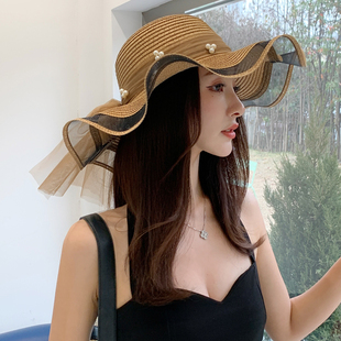 帽子女夏季大檐珍珠网纱遮阳帽，旅游沙滩海边防晒草帽，小清新公主帽
