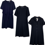 vintage日本制复古森系赫本风春装洋装短袖中长裙气质黑色连衣裙