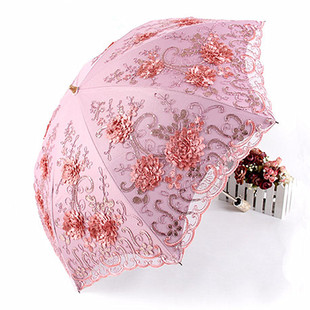 太阳伞女防晒防紫外线，双层雨伞晴雨两用折叠刺绣，蕾丝公主遮阳洋伞