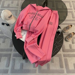 粉色运动套装女2024早春外套高端品牌，休闲卫衣阔腿裤两件套冬