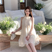 FairyJiang夏季荷叶边白色无袖挂脖雪纺连衣裙短款仙女裙子含胸针