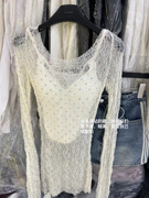 MIDO家 设计感白色透视顶珠套头蕾丝衬衫女春短款修身打底衫上衣