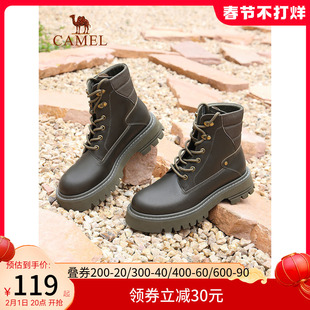 骆驼女靴2023春秋短靴粗跟英伦风工装靴厚底皮靴子韩版马丁靴