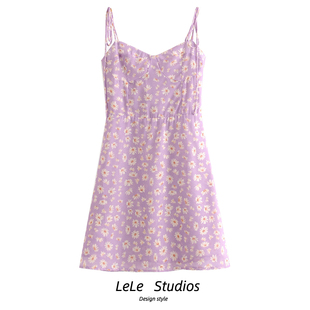 澳洲小众紫色小雏菊，印花吊带裙海边度假风，肩部系带连衣裙抹胸短裙
