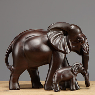 黑檀木雕大象摆件实木雕刻母子象家居客厅电视柜装饰红木工艺品