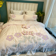 韩式创意立体小花花纯棉水洗棉四件套全棉公主风床单被套床上用品