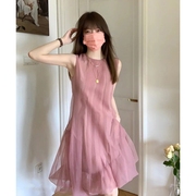 法式欧根纱粉色仙女连衣裙女2023年夏季薄款无袖小众清新裙子