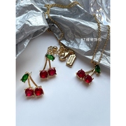 欧美风红色樱桃宝石KS项链耳钉精致简约甜美个性百搭可爱水果饰品