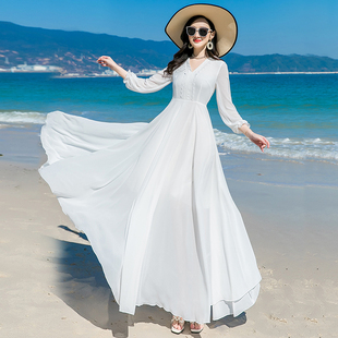 春夏白色雪纺长袖飘逸裙收腰气质连衣裙波西米亚沙滩海边度假长裙