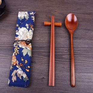 樱花日式布袋筷子便携筷勺套装创意情侣户外尖头木筷和风餐具