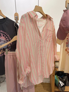 粉色竖条纹长袖衬衫女夏季设计感小众轻薄天丝宽松防晒衣女衬衣服