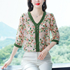 2023夏季大码女装妈妈，装印花雪纺上衣，衬衫v领宽松雪纺小衫