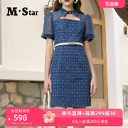 m-star明星系列，拼接蕾丝牛仔连衣裙女小个子，显瘦显高小短裙