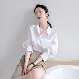 白色衬衫女夏款半袖设计感小众，高级感职业法式泡泡，袖宽松中袖衬衣