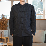 秋季中国风棉麻长袖衬衣男士唐装中式复古提花宽松大码打底衫衬衣