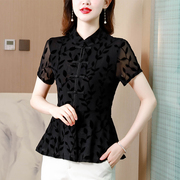 新中式古典旗袍衬衫女装夏季高级感黑色盘扣上衣中年妈妈国风小衫