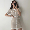 韩国chic法式复古圆领单排扣撞色设计修身显瘦包臀针织连衣裙女