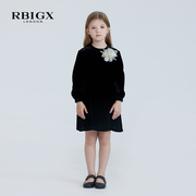 rbigx瑞比克童装秋季女童可脱卸装饰花真丝丝绒连衣裙礼服
