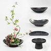 复古陶瓷墨黑花盘花器禅意，中式日式插花器皿，山插花器花盆小原流