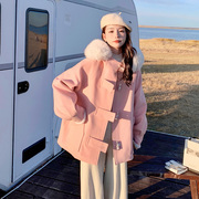 粉色温柔风连帽呢子，大衣女短款2022年韩系设计感小众毛呢外套