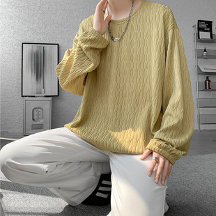 姜黄色肌理感长袖T恤男高级感设计小众条纹打底衫男大码秋季卫衣