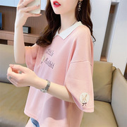 娃娃领短袖t恤女夏季韩版宽松拼色小个子polo衫小众设计感上衣服