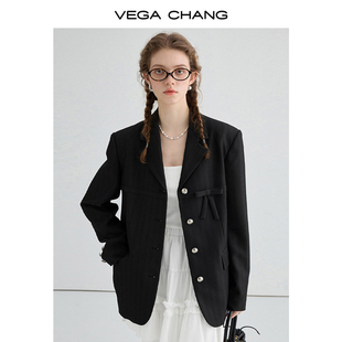 vegachang黑色小西装女2024年春季高级感暗纹蝴蝶结西服外套